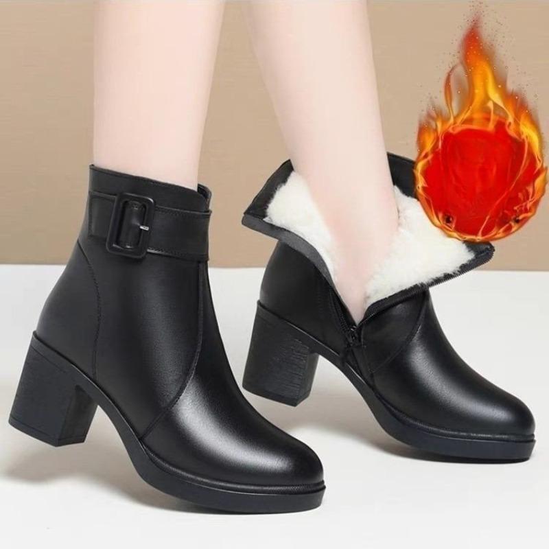 Mid-heel Ankle Boots, Women's Single Boots, Chunky-heeled Cotton Shoes, Fleece and Thickened Cotton Boots