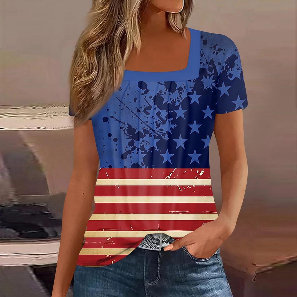 Womens Tops Casual Summer Independence Day Print T Shirts Short Sleeve Square Neck Basic Tee