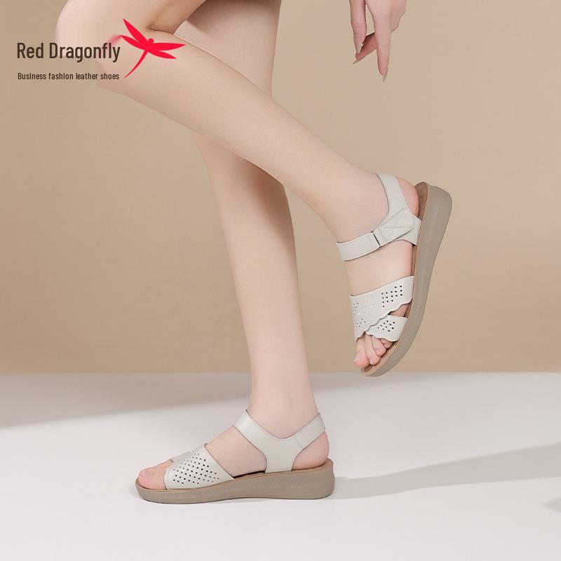 Red Dragonfly Women's Genuine Leather Sandals - Summer 2025 Comfortable Soft Sole Flat Bottom for Middle-aged Mothers
