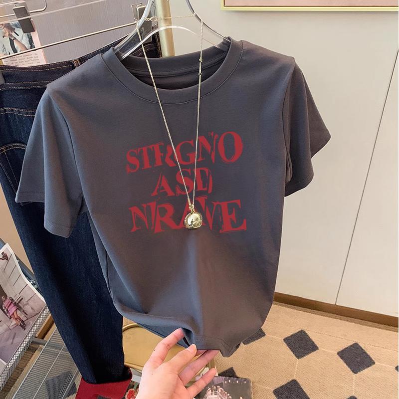 2025 Summer Cotton Crew Neck Shoulder Short Sleeve T-Shirt Women's Apricot Loose ins Tide Half Sleeve Top Versatile T-Shirt