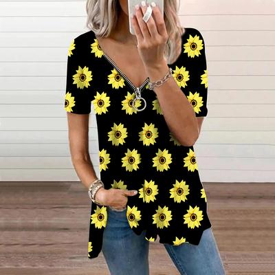Women's Top Summer New Fashion Sunflower Printed Casual Zipper V-neck Short Sleeve Top