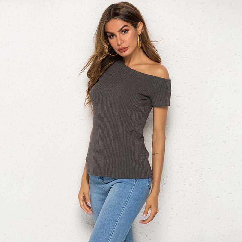 Europäischer Stil Sommer Damen Einfarbige Schrägschulter Oberteile Enges Kurzarm-T-Shirt