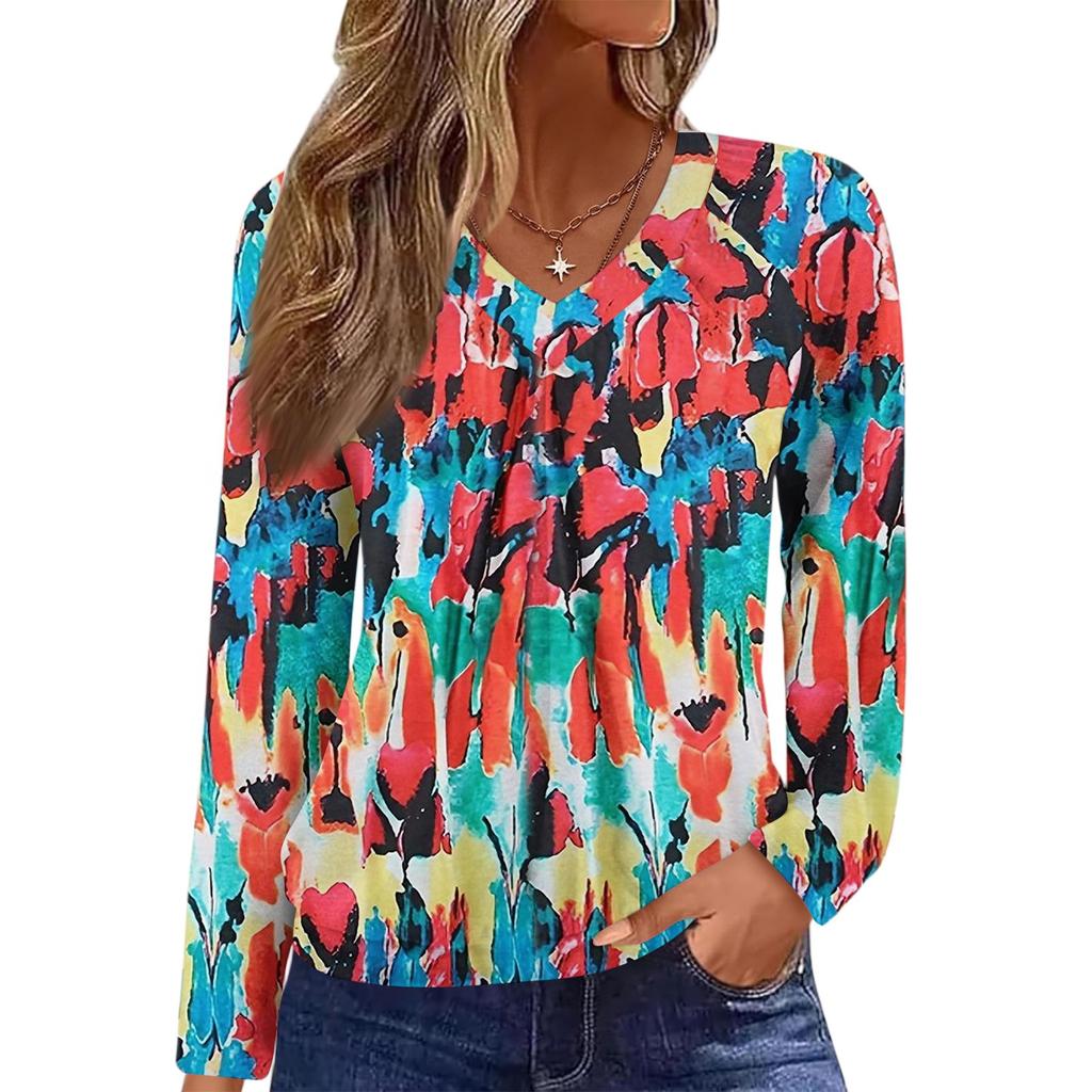Damen Casual Mode V-Ausschnitt Raglan Plissee Floralprint Langarm Top