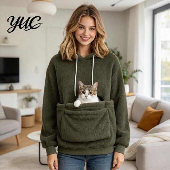 Casual Pet Lover Clothing Winter Pouch Hoodie, Women Fleece Sweatshirt with Large Front Pocket, Cat Long Sleeve Pullover Tops for Carrying Cats