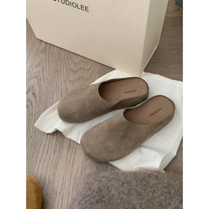 

Cowhide version~ row wind soft surface lazy person one pedal thick-soled big head half slippers autumn girl 35