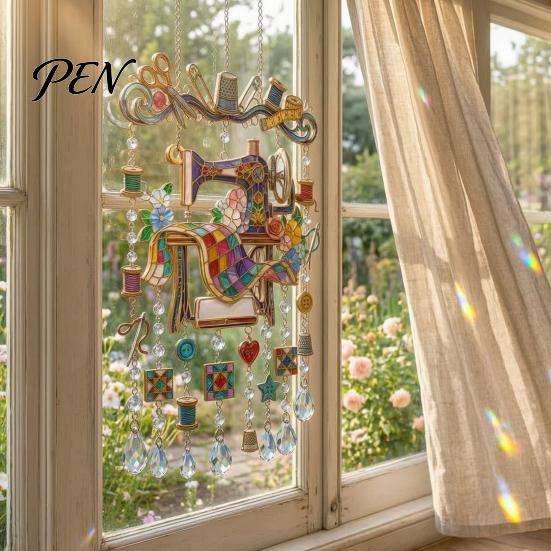 Vintage Style Artistic Ornament Sewing Machine Crystal Wind Chime, Acrylic Outdoor Hanging Suncatcher, for Enthusiasts Colorful Pendants Garden
