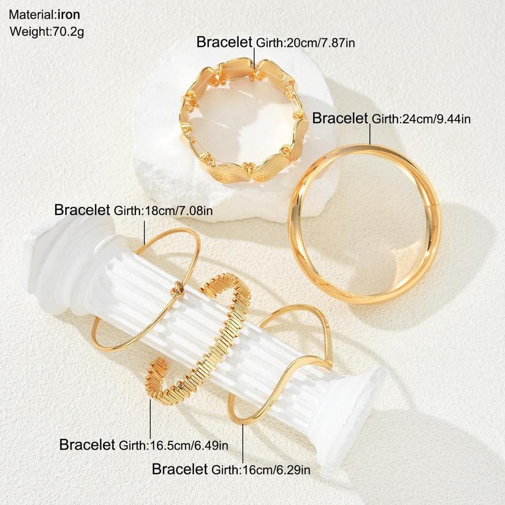 5pcs Vintage Exaggerated Luxury Geometric Design Wide Metal Gold Bangle Set, Suitable For Everyday Wear And Gifting