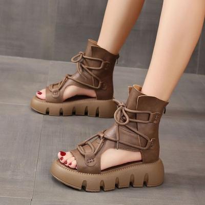 Internet Celebrity Muffin and Fish Mouth Cold Boots Women's Straps 2025 Summer New Retro High-top Thick-soled Hollowed Roman Sandals