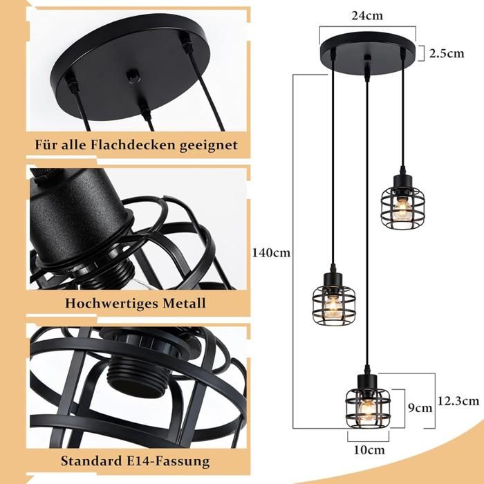 Pendant Light - NETTLIFE - 3 Lights - Black Metal - E14 Sockets - Adjustable Height