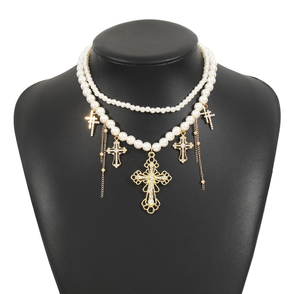 Tooxika Temperament Niche Design Double Layer Imitation Pearl Necklace Personalised Trefoil Cross Multi-layer Necklace