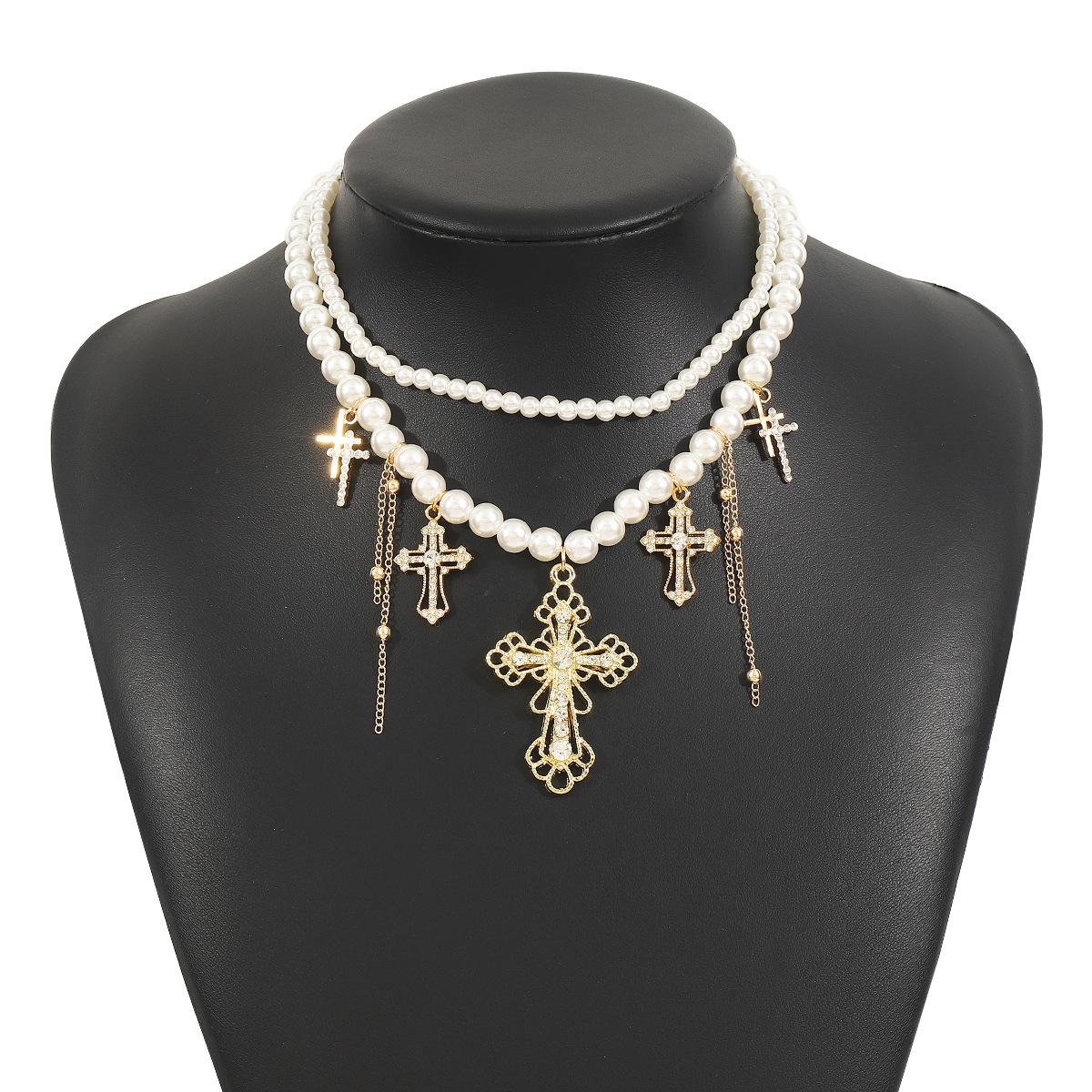

Tooxika Temperament Niche Design Double Layer Imitation Pearl Necklace Personalised Trefoil Cross Multi-layer Necklace