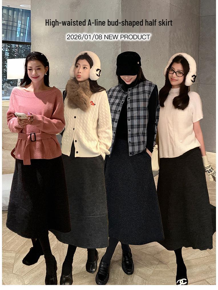 Baisiwang High-Waisted Wool Blend A-Line Skirt - Women's Slimming Mid-Length for Winter