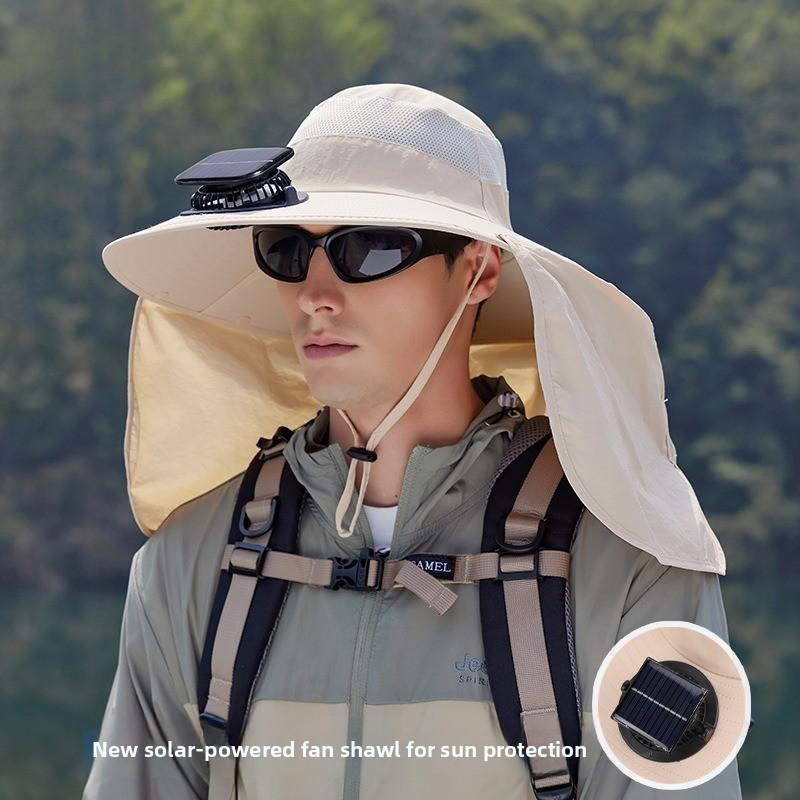 Summer Outdoor Fishing and Hiking Sun Hat with Extra-large Brim, Solar Fan Hat, Shawl, Neck Protector, Sun Protection Fisherman Hat