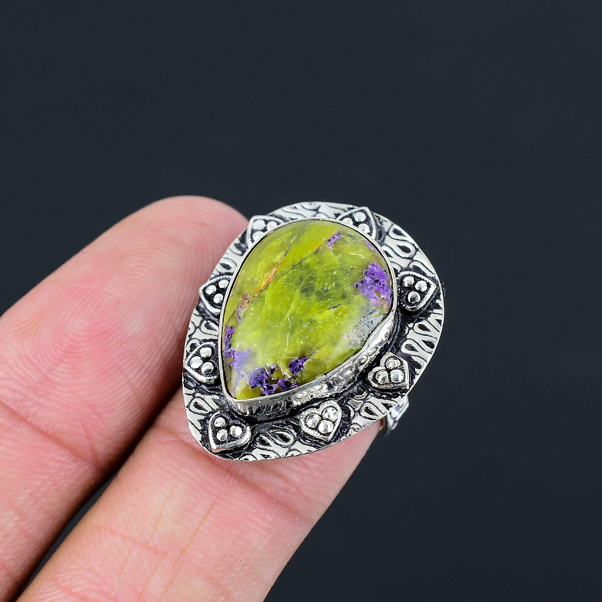 925 Silver Pear Atlantisite Stone Elegant Promise Statement Ring Jewelry US 6.5 6.5