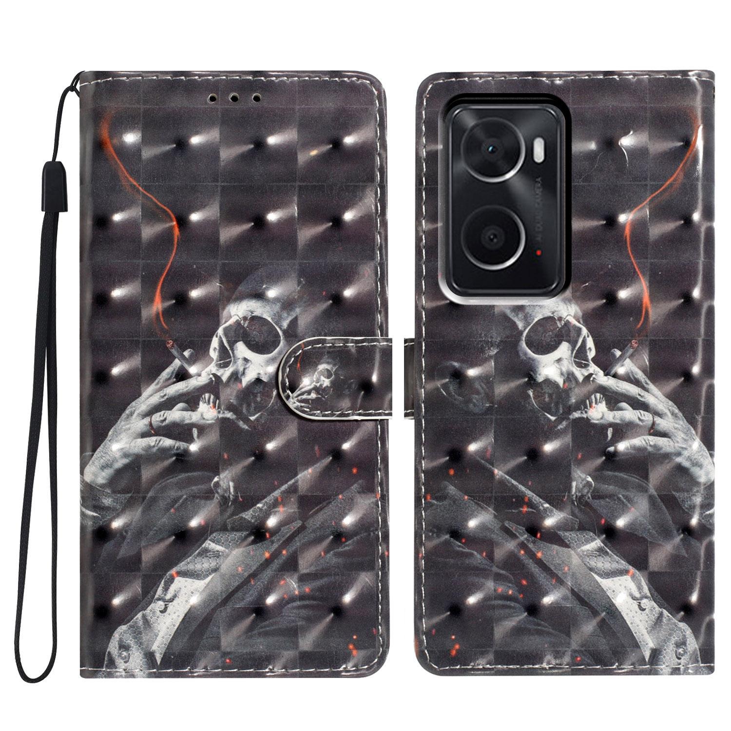 

For Oppo A76/A36/A96 4G/Realme 9i 4G Case PU Leather 3D Pattern Phone Cover Smoking Skeleton