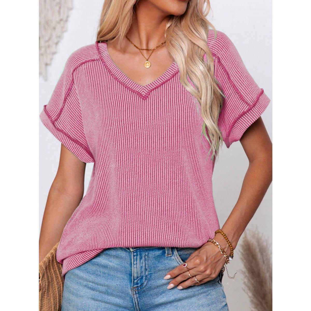 Women s V Neck Short Sleeve Knit Top Loose Fit Streetwear Cotton Blend Ribbed Tee S