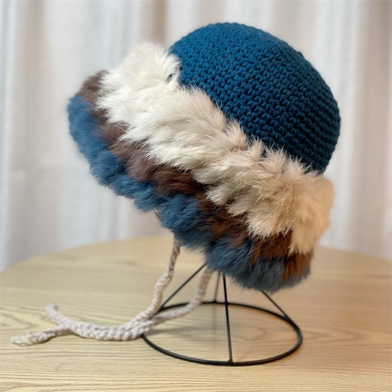 Women's Hand-Knitted Colorful Plush Rabbit Fur Bucket Hat Warm Winter Beanie with Multi-Color Autumn & Winter Fashion Accessory, Comfortable Knit Hat