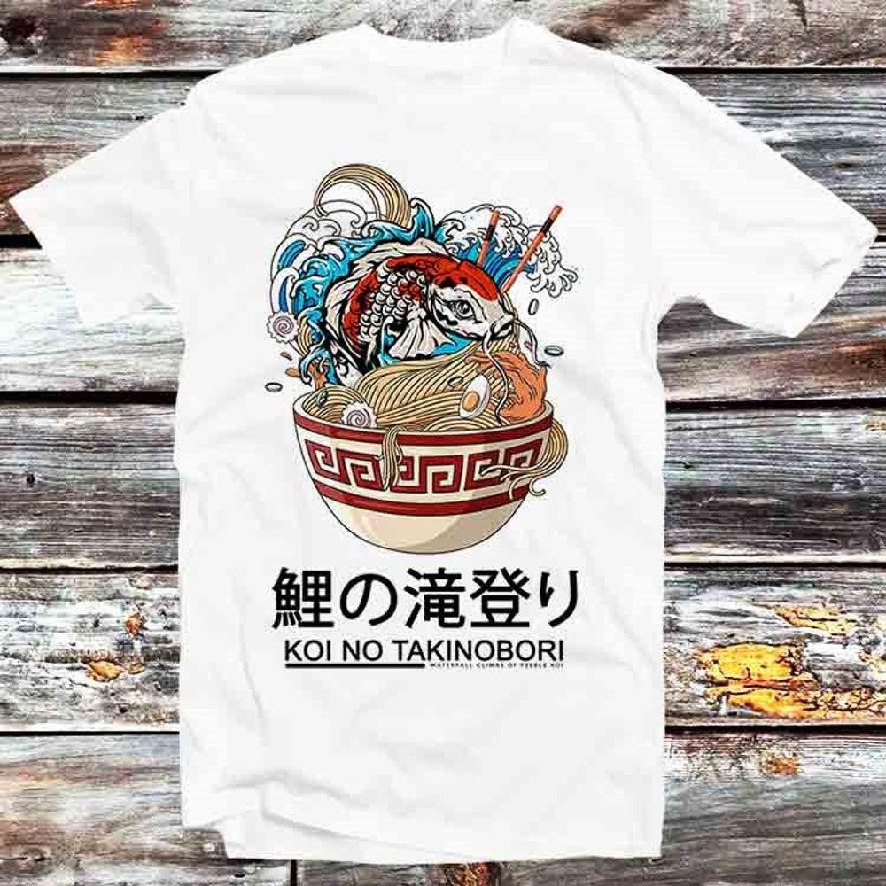 

230GSM 100% Cotton T-Shirt Koi No Takinobori Fish Carp Ramen Japan Great Wave Off Kanagawa T Shirt Vintage Retro Mens Womens Unisex Cartoon Anim XS белый