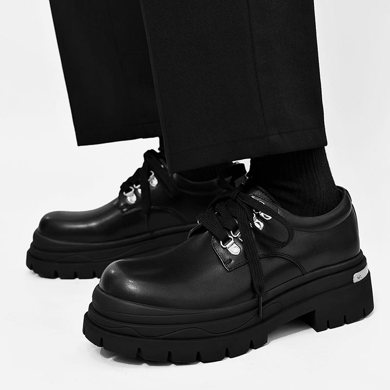 Fashion Casual Thick Soled Men's Leather Shoes Fashion Party Style Outdoor Trendy Streets Daily Derby Black Shoes Thick Soled Popular