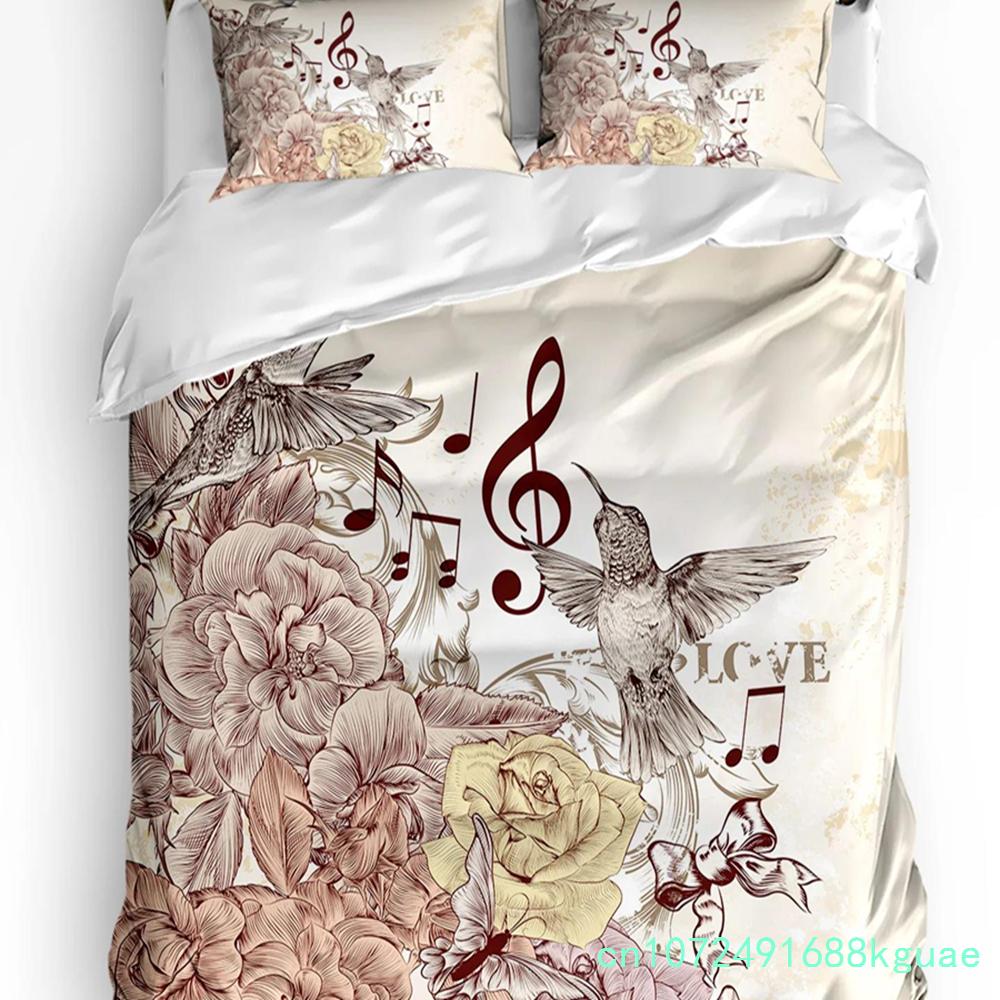 Set Biancheria da Letto Retro 3 Pezzi Colibrì Fiori di Ibisco Copripiumino Federa Bambini Adulti Copripiumino Set Letto Matrimoniale Tessile per la Casa