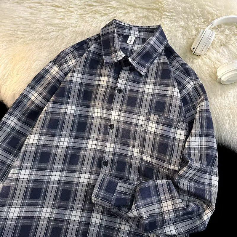 

Мужская шикарная рубашка-кардиган с длинным рукавом в корейском стиле, в клетку ретро, с защитой от солнца - Осенняя мода XXXL синий