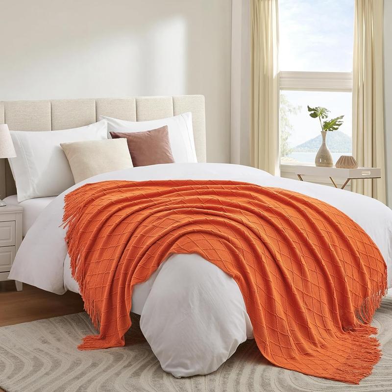 50"x60" Orange Gift Kniited Throw Blankets With Tassels Lightweight Soft Cozy Plaids for Bed Sofa Chair Fluffy Throw Blankets