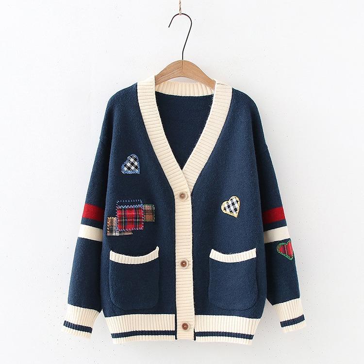 Embroidered Sweater Women's Coat Autumn and Winter Loose Knit Cardigan Long Sleeved Thick V - Neck Coat