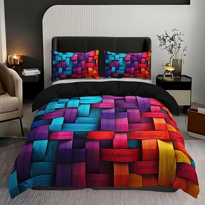 3pcs Colorful Geometric Plaid Duvet Cover Set, 1 Duvet Cover + 2 Pillowcases (No Pillow Inserts), High-Definition Print for Home
