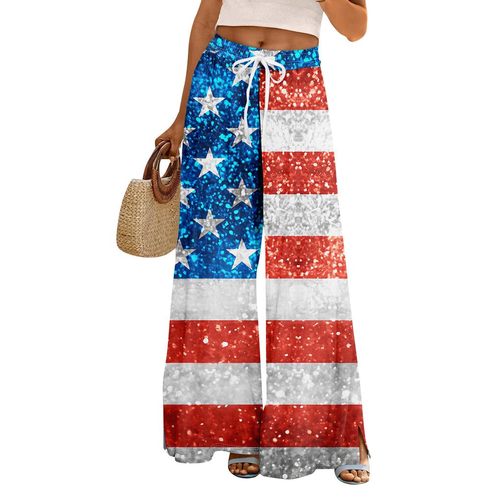 Women Summer Boho Palazzo Pants High Waist Wide Leg Independence Printing Casual Trousers With Pockets