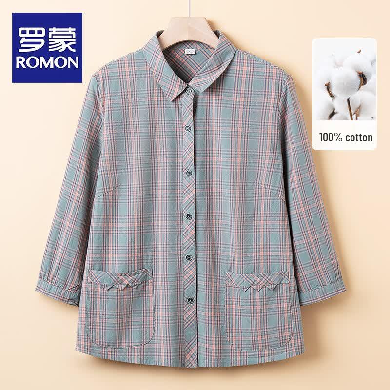 ROMON Women s Plaid 3/4 Sleeve Cotton Shirt 4XL