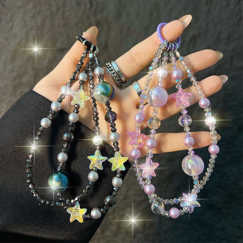 New Crystal Starfish Double Layer Phone Chain Short Crystal Pearl Beaded Phone Strap Wrist Bag Pendant Anti-Lost