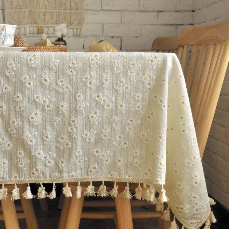 White Pompom Tablecloth Rectangle Boho Jacquard Dust-Proof Table Cover For Kitchen Dinning Living Room Tabletop Home Decorations