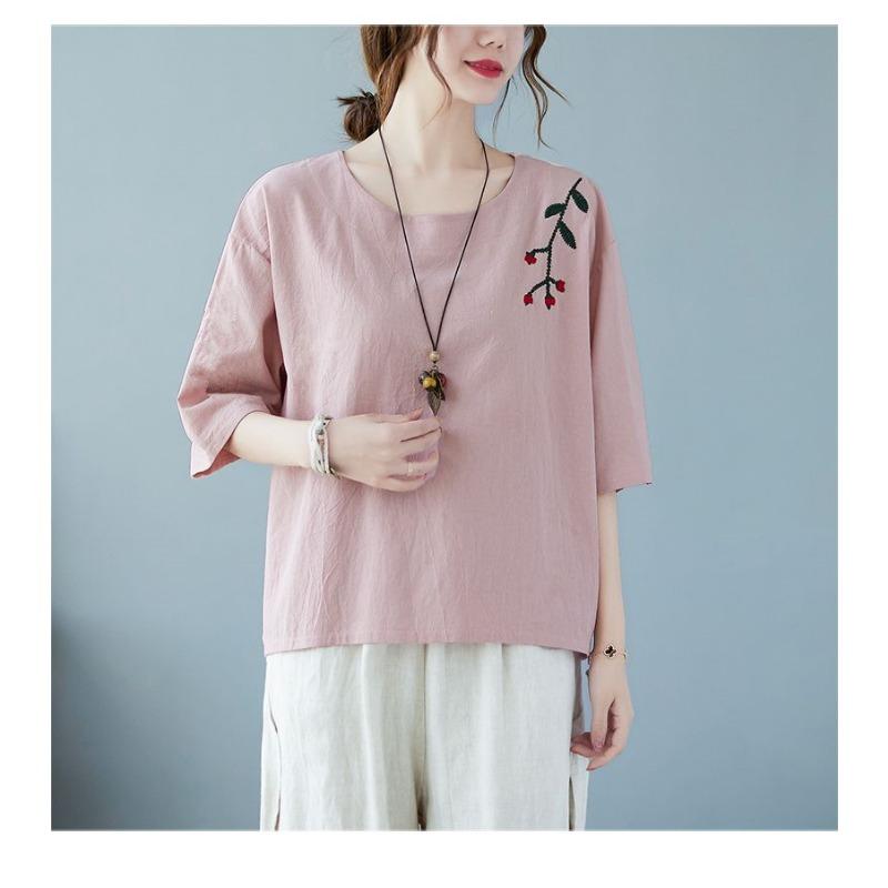 Blusa bordada casual suelta de lino y algodón para mujer, camisa de manga 3/4