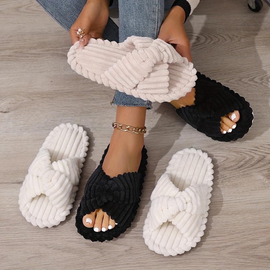 Couple Style Slippers, Lightweight for Home Use. Classic Elegance, Crossed Straps, Fluffy and Soft, Skin Friendly and Warm, One Foot Kick