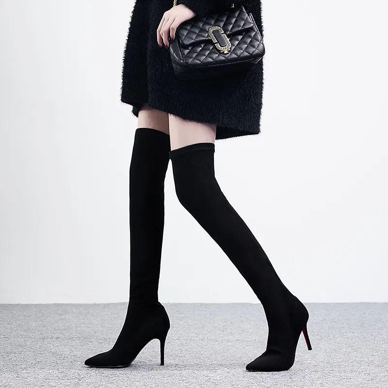2025 High-Heeled Over-the-Knee Boots: New Slimming Chunky Heel, Elastic Velvet, Pointed Toe