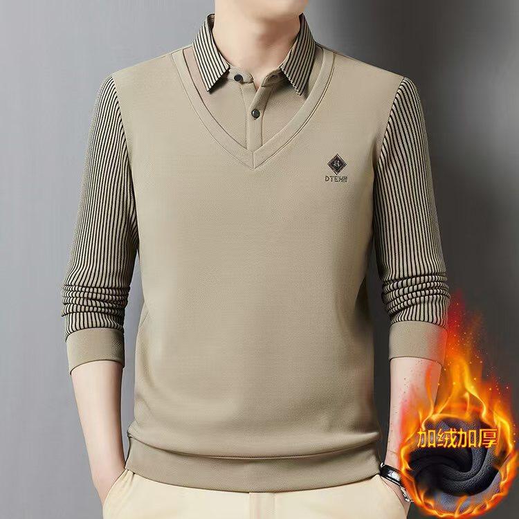 Herbst Winter Herren Polo Kragen Pullover Gestreiftes Fleece Dick Slim Fit Oberteile Fake Zweiteiler Strickwaren Business Casual Pullover