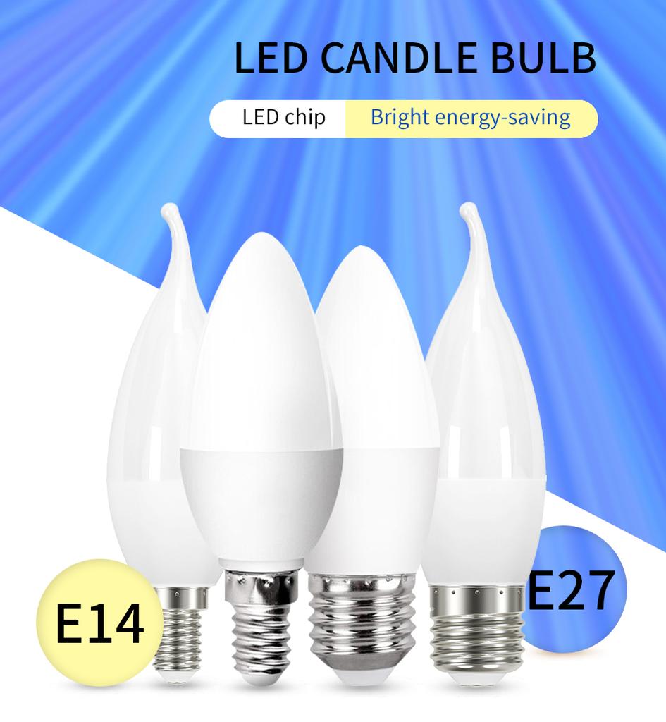 LED Candle Lamp Bulb E27 E14 Base 220V 3W to 12W 3000K 4000K 6000K Temperature Home Decorative Lighting Energy Saving