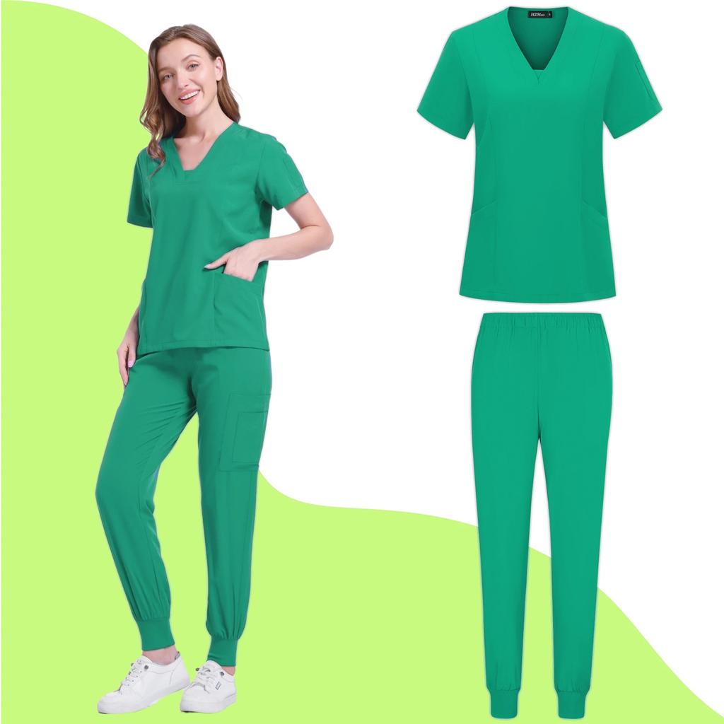 Costum de lucru pentru femei, larg și confortabil, cu mâneci scurte și decolteu în V, cu buzunare multiple