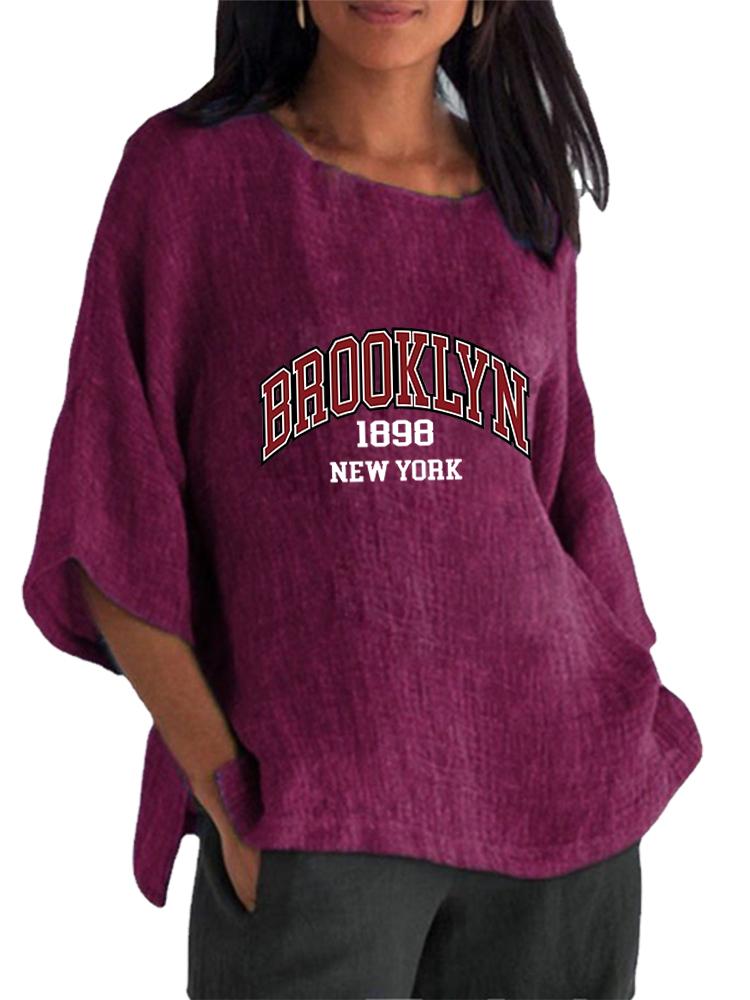 

Women Fashion Round Collar Print Shirt Spring&summer 3/4 Long Sleeve Top Ladies Cotton Linen Blouse 5XL фіолетовий