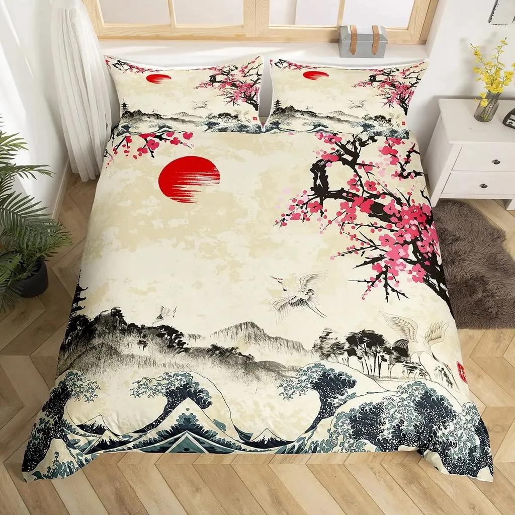 Japanese Ukiyoe Duvet Cover Set Hokusai Pattern Bedding Set Watercolor Sun Mountain Comforter Cover Exotic Style Quilt Cover Set