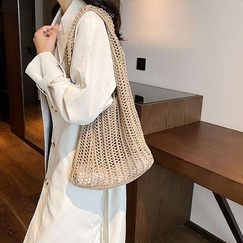 Summer Knitted Hollow Underarm Bag Women's Large Capacity Shopper Tote Bag Simple Design Casual Travel Handbags