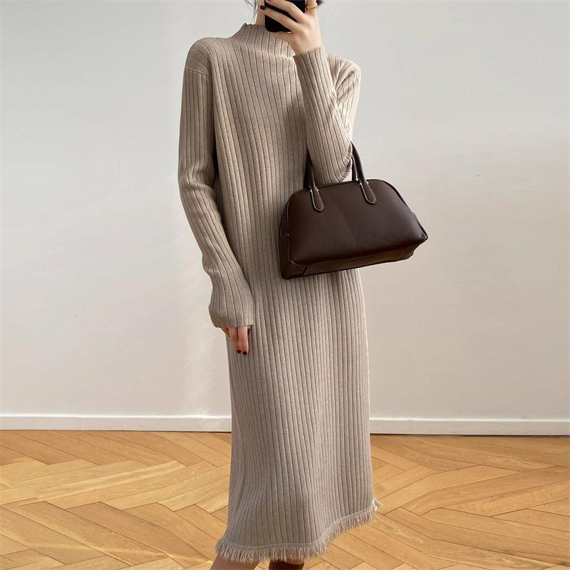 Inside long-sleeved semi-turtleneck knitted sweater dress women's autumn and winter new knee-length fringed sweater skirt women