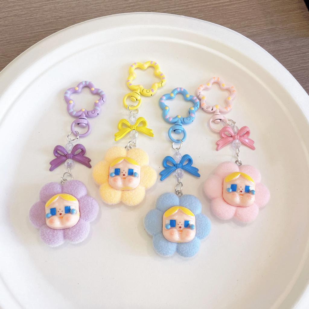 Cartoon Flocking Crying Baby Keychain Small Flower Cute Pendant Trendy Play Doll Girl Heart Bag Exquisite Hanging Jewelry
