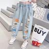 Mädchenhosen Frühling Graffiti Ripped Jeans Kinder Trendige Freizeithosen Jungenhosen