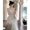 Sexy Fan White Knitted Long Dress Skinny Slim Fairy Suspender Skirt Summer Three-dimensional Flower Dress