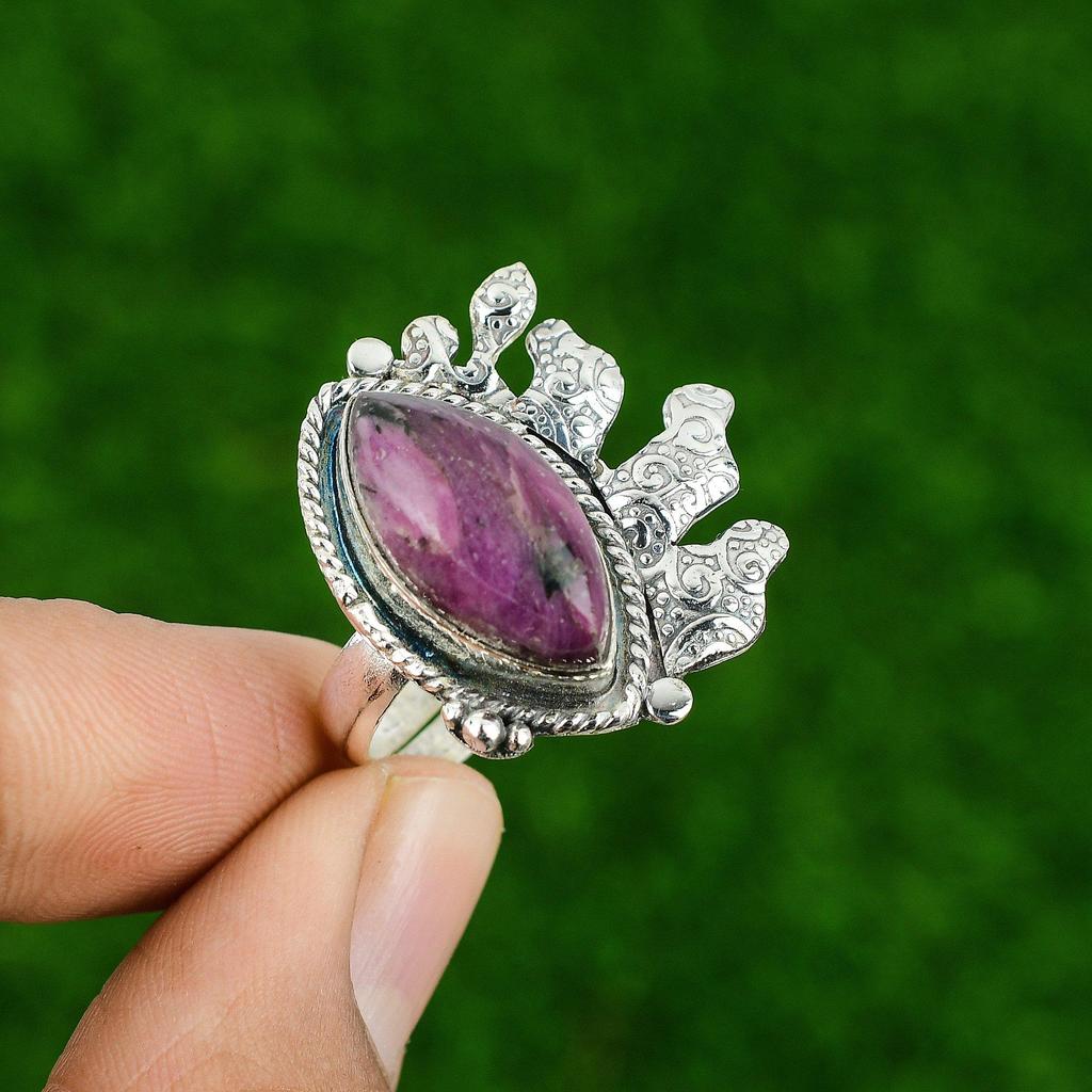 Gift For Her 925 Silver Natural Rhodonite Gemstone Promise Adjustable Ring