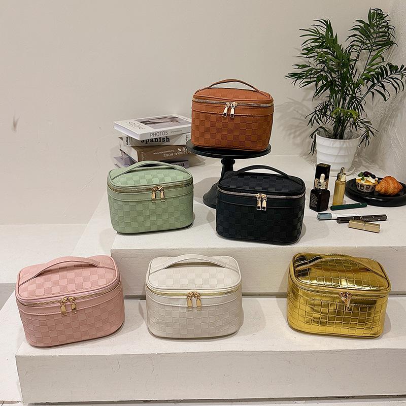 Fashion Checkered Makeup Bag Portable Cosmetic Storage Bag Women Large Capacity Brushes Storage Bag Cute Travel Toiletry Bag
