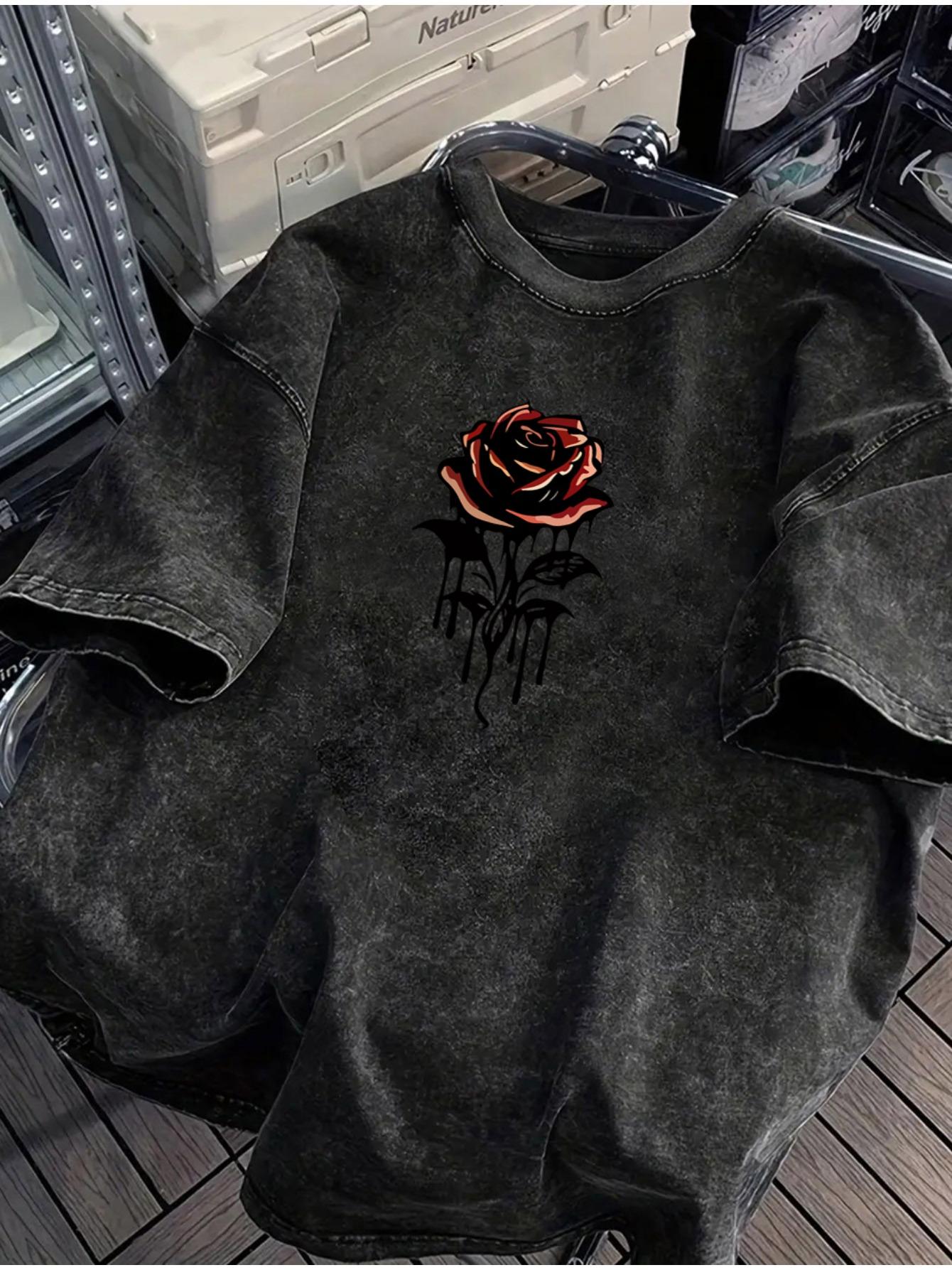 

Washed Vintage Rose Print Cotton Trendy Men Tshirt Summer Daily Outdoor Sports Fitness Casual Loose Street Short Sleeve S