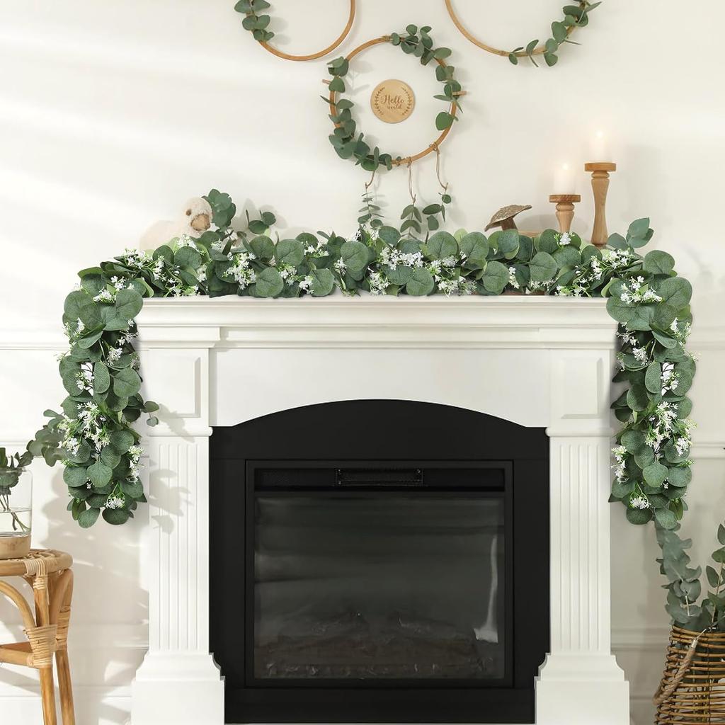Eucalyptus Garland with White Flowers 4 Packs 5.9Ft Artificial Silver Dollar Eucalyptus Leaves Plant Fake Greenery Hanging Ivy Vines Faux Wreath