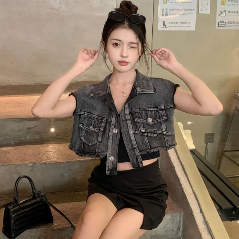 American Hot Girl Short Style Navel-baring Sleeveless Raw Edge Denim Vest Vest American Retro Sweet Cool Style Versatile Women
